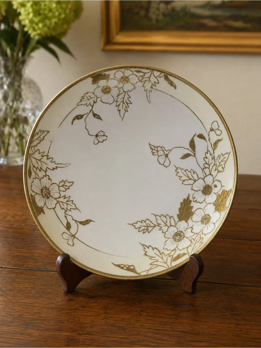 Vintage Thailand Porcelain Footed Bowl Gold Floral Hand Painted 8”